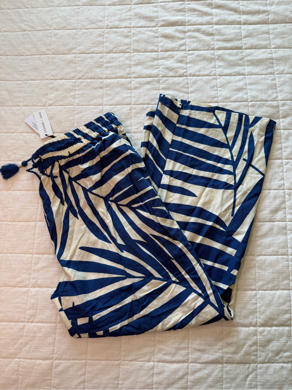 Wide-Leg Navy and Cream Printed Palazzo Pants with Tassel Drawstring